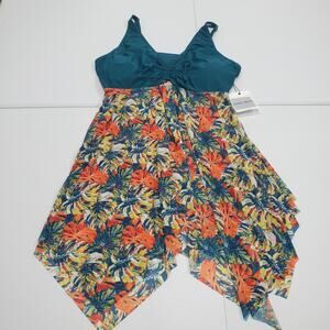 Hanna Nikole Swim Dress Womens 28W Teal Tropical Print Hanky Hem Plus Ruched